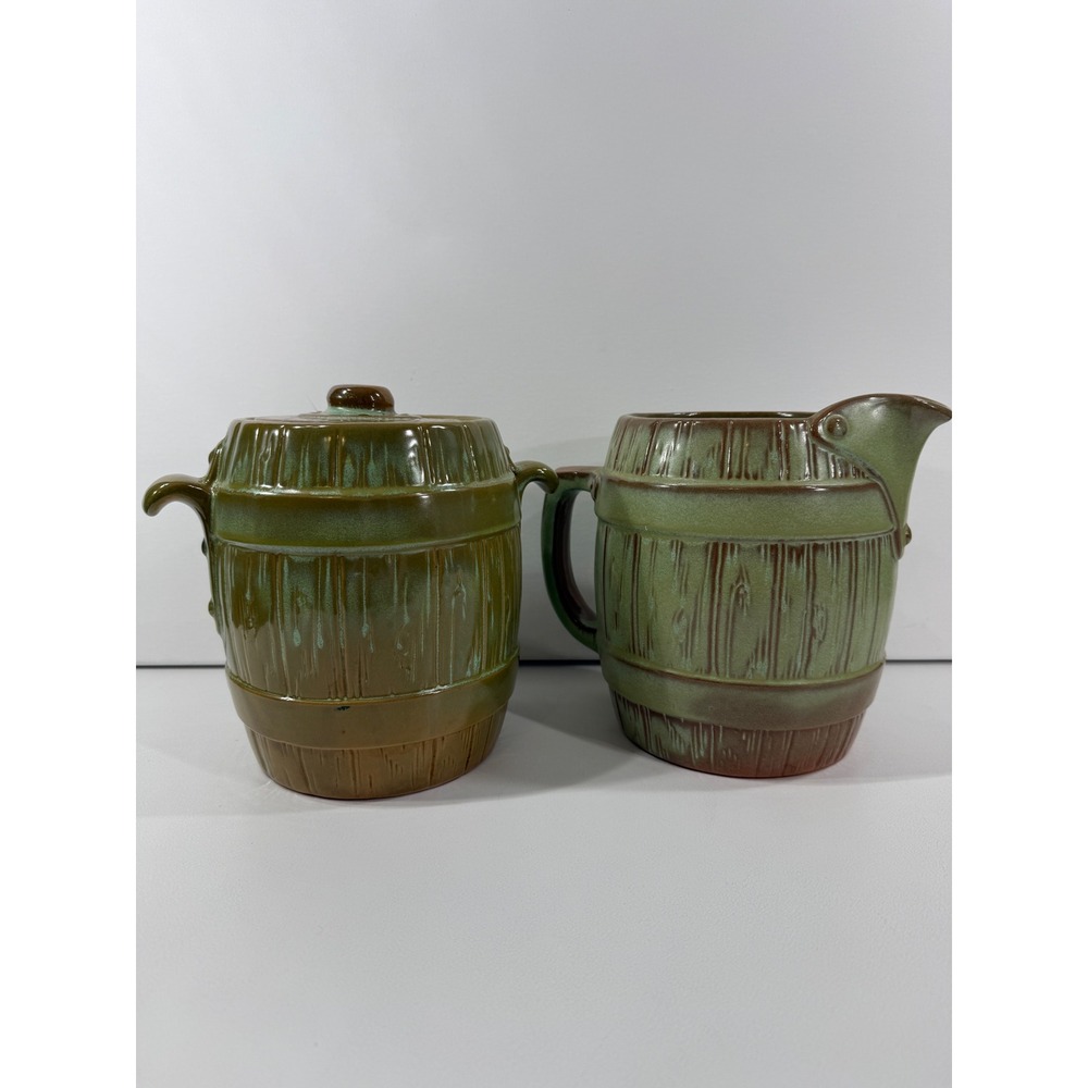 Frankoma Pottery Prairie Green Barrel Cookie Jar 97V and Pitcher 97D Set
